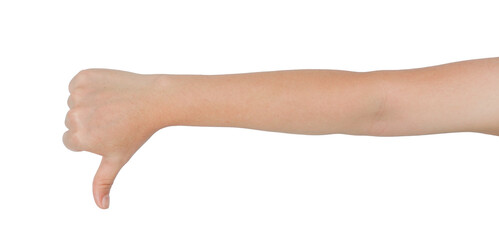 A person's arm with a thumbs-down gesture against a transparent background.