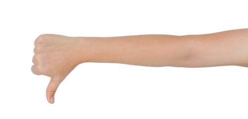 A person's arm with a thumbs-down gesture against a transparent background.
