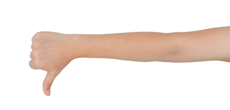 A person's arm with a thumbs-down gesture against a transparent background.