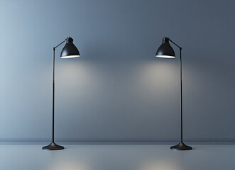 Two identical black floor lamps with white interior shades stand illuminated on a solid background, casting a soft glow.