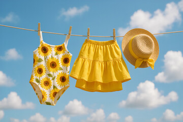 Charming summer set with sunflower print swimsuit, yellow tiered skirt, and straw hat with bow hanging on a clothesline under a bright blue sky with fluffy clouds