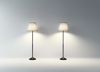 Two identical black floor lamps with white interior shades stand illuminated on a solid background, casting a soft glow.