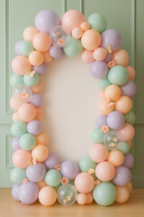 pastel-themed balloon arch for a baby girl celebration. The arch is arranged around a large vertical white oval backdrop placed against a soft green paneled wall
