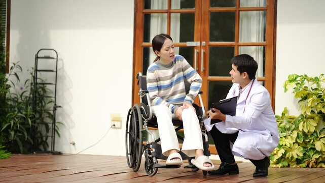 Doctors who are caring for patients, providing physical therapy to patients, and providing encouragement and support to them at home.