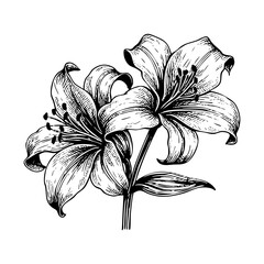 lily flower sketch engraving black and white outline. Scratch board imitation.