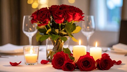 Romantic Dining Setting with Red Roses and Candlelight