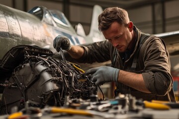 A mechanic works diligently on the engine of a WWII fighter plane in an airfield. Tools are scattered around as he concentrates on the intricate repair tasks required