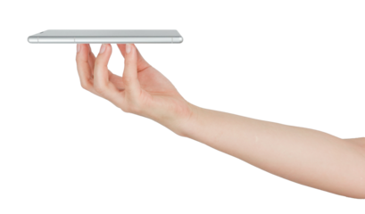 A hand holding a tablet computer against a transparent background.