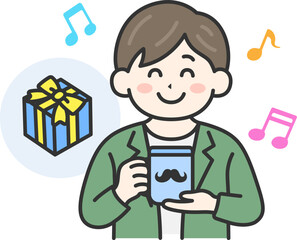 父の日に、マグカップをプレゼントされて喜ぶ、男性（線画カラー）のイラスト