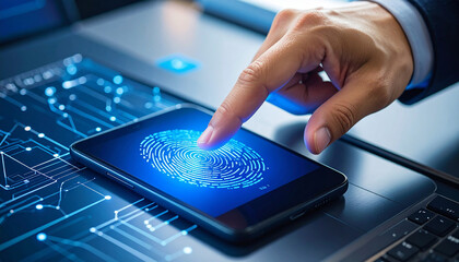 Biometric Authentication: A close-up shot features a person's index finger touching the screen of a smartphone to unlock it, using fingerprint identification technology.