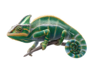 Obraz premium Vibrant Green Chameleon Perched on Branch Detailed Reptile Portrait Exotic Wildlife