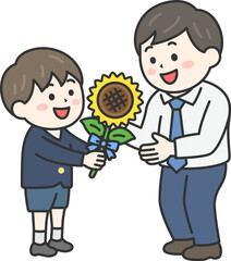 父の日に、父親に向日葵の花を渡す、男の子（線画カラー）のイラスト