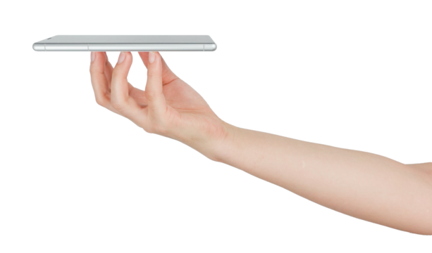 A hand holding a tablet computer against a transparent background.
