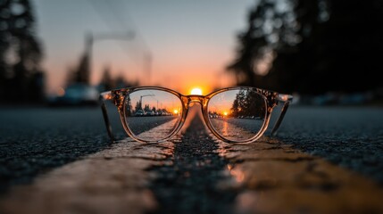 Visionary Perspective: Eyeglasses Reflecting a Serene Road and Setting Sun