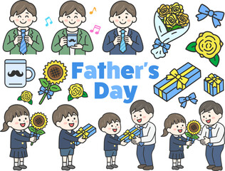 いろいろな、父の日（線画カラー）のイラストセット