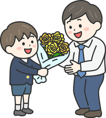 父の日に、父親に黄色の薔薇の花束を渡す、男の子（線画カラー）のイラスト