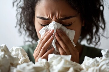 A person is blowing their nose into a tissue, visibly struggling with a cold, surrounded by a chaotic pile of used tissues that captures a relatable moment of ailment