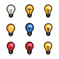 Pixel Art Light Bulbs Colorful 8 Bit Icons on White