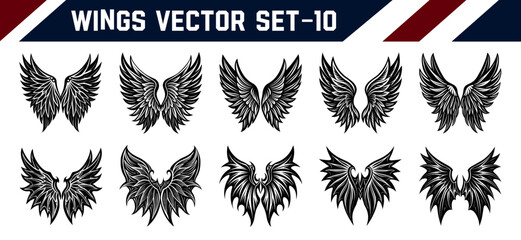 Mythical Angel Wing Vector Bundle &ndash; Black Feathered Clipart for Tattoo Artists, Gothic Graphic Designers, and Fantasy-Inspired Digital Creators.