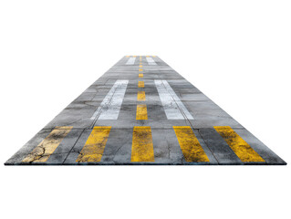 Distressed Concrete Runway Aerial Perspective Yellow White Lines Cracked Surface Texture
