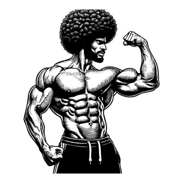 Afro bodybuilder sketch engraving black and white outline. Scratch board imitation.