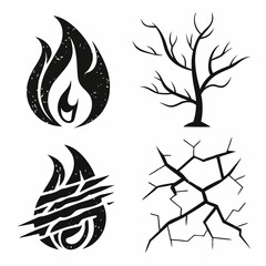 Black and white abstract icons fire tree crack