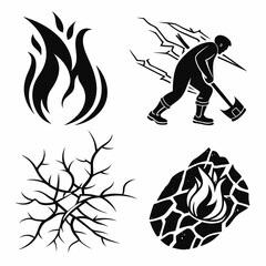 Four black and white stylized elemental symbols