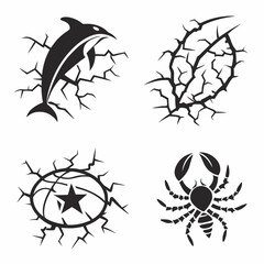 Cracked wall silhouettes dolphin leaf basketball scorpion