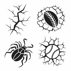 Cracked wall with bug baseball and rugby ball