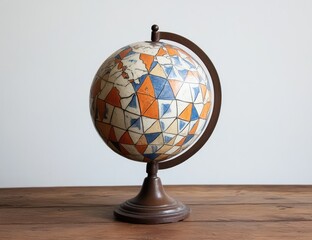 A vintage globe with an artistic pattern of orange, blue, and white squares on the sphere is placed atop a wooden table against a plain background.