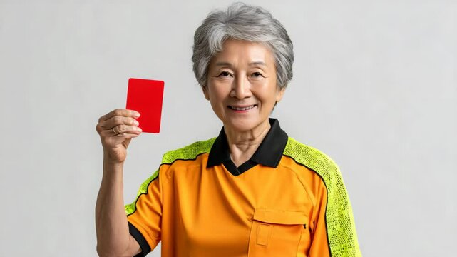 Elderly woman in yellow uniform showing red card, perfect for coaching or disciplinary topics Video 4K UHD 60 FPS