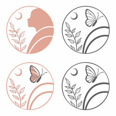 Elegant butterfly and woman profile logos set, transparent background
