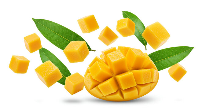 mango cubes with leaves on white background
