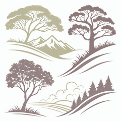 Professional landscape silhouettes set, trees mountains hills