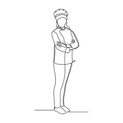 Obraz premium continuous line drawing of chef with apron and chef hat. Sketch drawing editable stroke vector illustration