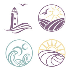 Coastal icons set lighthouse waves sun seagull design elements