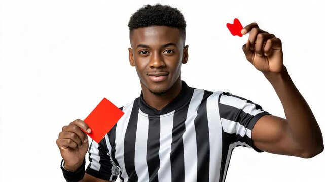 Energetic male referee with red card in raised hand, ideal for dynamic sports campaigns Video 4K UHD 60 FPS