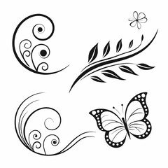 Fototapeta premium Elegant black floral swirls butterfly design elements