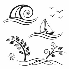 Elegant black and white nature and sea design elements