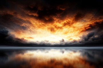 Dramatic sunset reflects upon calm waters, showcasing vibrant colors and deep contrasts in a serene landscape