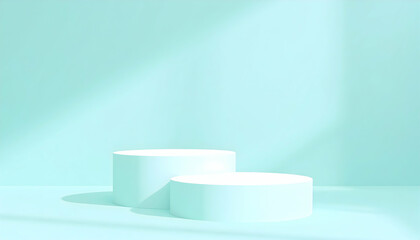 Two White Cylindrical Podiums on Light Blue Background