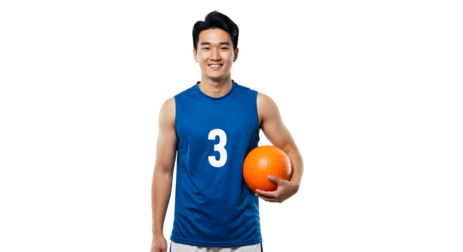 Man smiling wearing blue jersey with number three holding orange basketball ball isolated on white background, tarensparent background, png, jpg,jpeg,  on transparent background