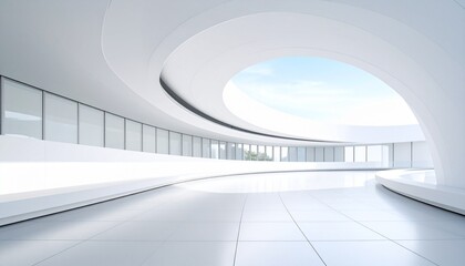 Empty modern interior of a futuristic building with a curved wall and large windows showing a blue sky