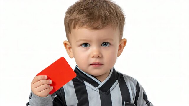 Blonde toddler referee presenting red card innocently, great for child safety or fair play visuals Video 4K UHD 60 FPS