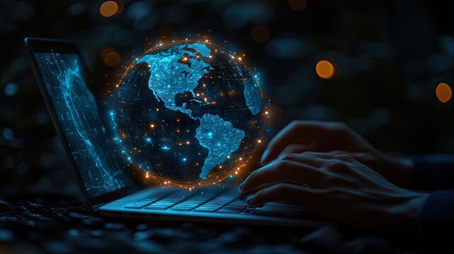 Typing on Laptop with Illuminated Globe Display for Global Connectivity