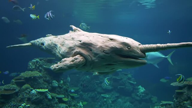 Aquatic Realm An Enchanting Underwater Scene With A Whale Statue