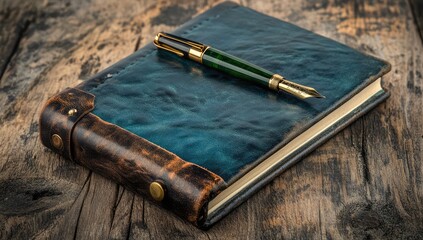 A vintage leather-bound journal with brass accents lies on an old wooden table. The pen beside it is green and has no background, creating a warm atmosphere.