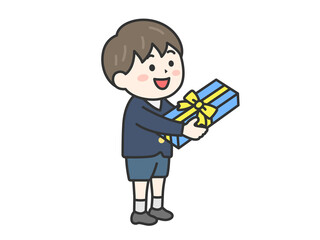 父の日に、プレゼントを渡す、男の子（線画カラー）のイラスト