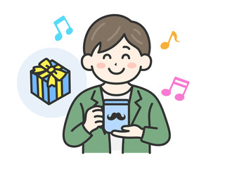 父の日に、マグカップをプレゼントされて喜ぶ、男性（線画カラー）のイラスト