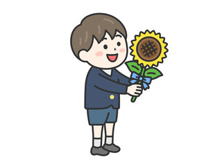 父の日に、向日葵の花を渡す、男の子（線画カラー）のイラスト
